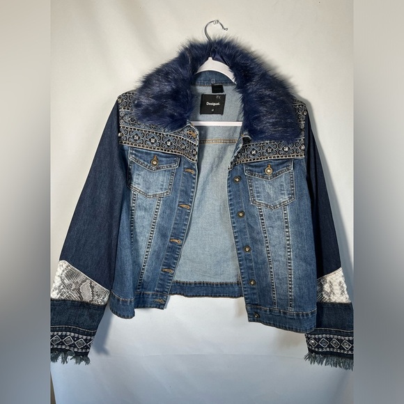 Desigual Pakaian Jada Wanita Patchwork Removable Fur Collar Jacket Size EU 42/L - Picture 4 of 10